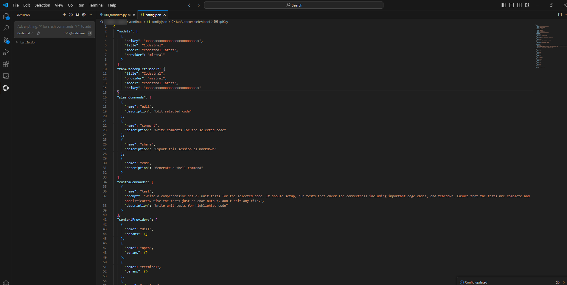 Example configuration for integrating Continue with Codestral.