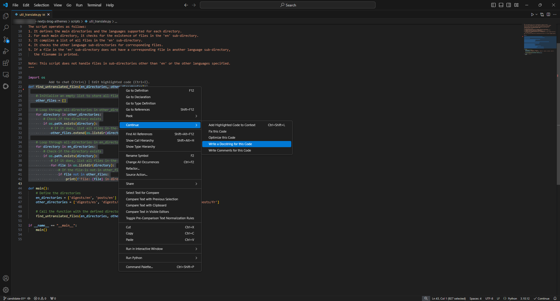 Generating a docstring for the selected function.