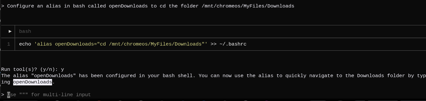 Defining a bash alias with Open Interpreter